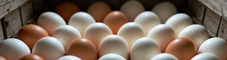 Freshly collected chicken eggs neatly arranged for market sale.