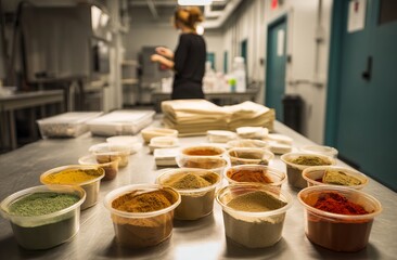 Fototapeta premium Colorful Spices in Containers: A Culinary Preparation Guide
