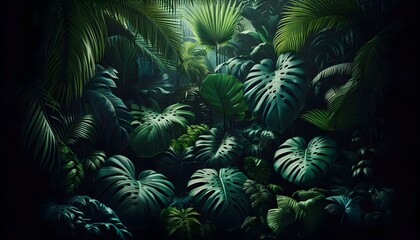 Dense tropical jungle filled with large monstera and palm leaves under dappled sunlight and lush shadows