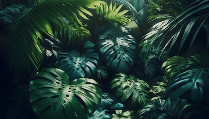 Fototapeta premium Lush green jungle covered with exotic palm leaves and monstera foliage in strong sunlight and shadow play