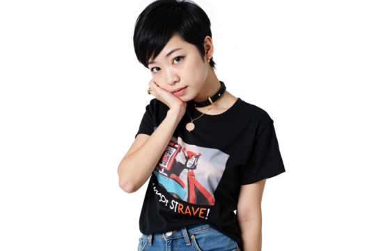 Stylish young Asian person with an edgy short black hairstyle featuring an undercut, wearing a black choker necklace and a dark graphic print t-shirt, looking down thoughtfully