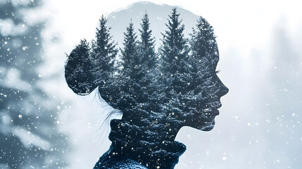 Whispers of the Winter Forest: A portrait of introspection, melding the serenity of a snowy forest with a woman's silhouette, evoking themes of nature, inner peace, and connection.