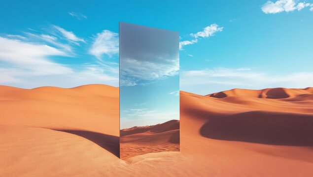 Desert Reflection.  A large, reflective rectangle stands amidst a vast desert landscape, mirroring the vibrant sky and dunes.  A serene, surreal scene