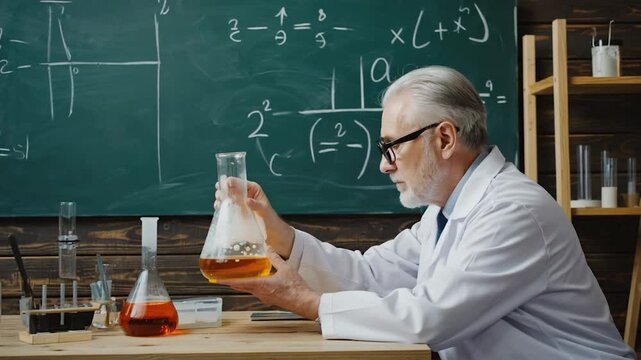 Senior scientist examining beaker in classroom lab.  Possible use Educational stock image - Powered by Adobe