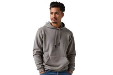 Young man with short dark hair and neat facial hair, wearing a comfortable grey pullover hoodie with hands tucked into the front pocket, looking slightly aside with a calm expression