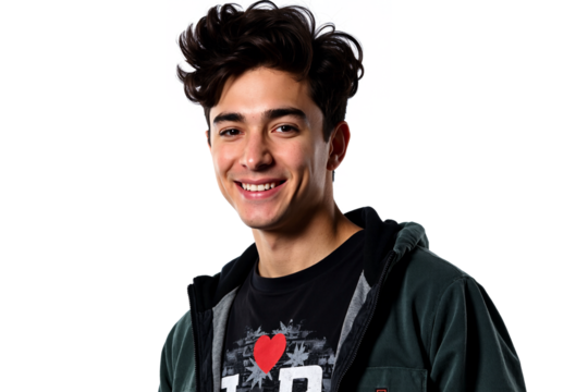 Cheerful young man with stylish wavy dark hair smiling warmly directly at the camera, wearing a black graphic tee layered under a partially open dark greenish-grey zip-up hoodie