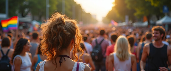 Elegant Pride Month marching crowd scene capturing refined communal energy vibrant diverse participation and culturally empowered activism in premium high resolution photostock imagery for impactful s