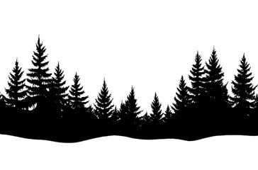 Fototapeta premium A black and white vector graphic of the silhouette of trees in the top-left corner, on a transparent background png