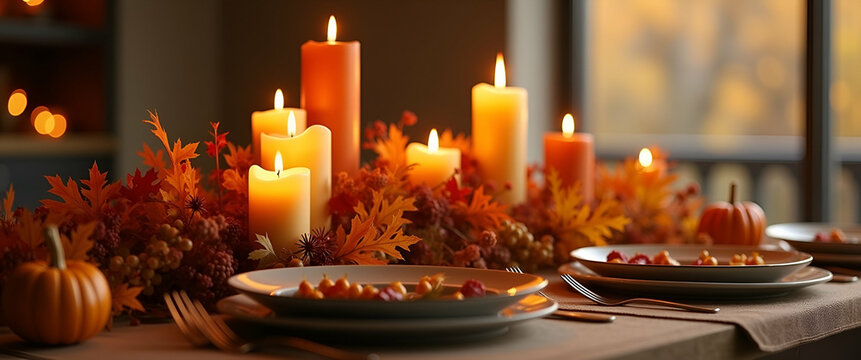 Photo realistic as Candles and fall foliage centerpiece on a table with copy space. concept as A table featuring candles and fall foliage centerpiece creating a warm Thanksgiving atmosphere with plent