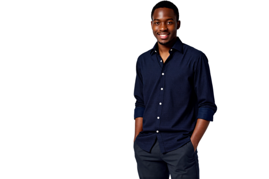 Confident young Black man smiling warmly and looking directly at the camera, dressed smartly in a dark navy blue long-sleeve button-down shirt and dark trousers, hands casually placed in pockets