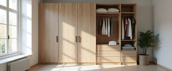 Set of Home Dressing Room Wardrobes: Modern Interior Design, Stylish Storage Solutions, Organized Space, Empty Left Side for Customization, Photo Stock Concept