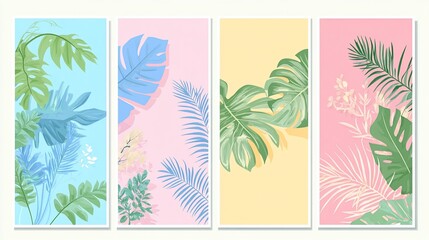 Botanical art prints with tropical leaves and pastel backgrounds design