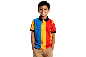Cheerful young boy in a vibrant multi-colored striped polo shirt (red, yellow, blue) and beige shorts, smiling warmly at the camera. Full-length studio shot isolated on a transparent background