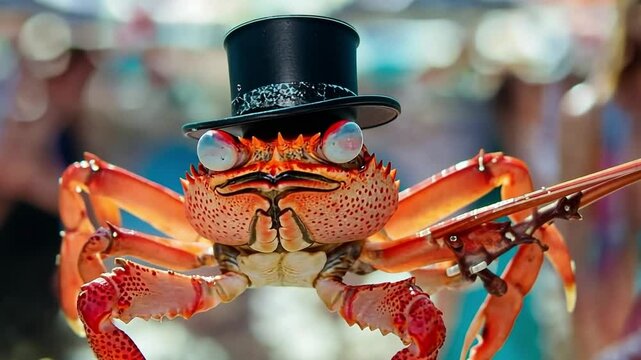 This amusing footage features a crab wearing a top hat at a lively festival. Perfect for adding a whimsical touch to creative projects. Generative AI