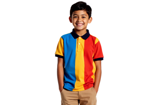 Cheerful young boy in a vibrant multi-colored striped polo shirt (red, yellow, blue) and beige shorts, smiling warmly at the camera. Full-length studio shot isolated on a transparent background