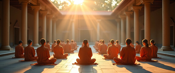 Tranquil Vesak Mindfulness: Devotees in Serene Temple Courtyards Cultivating Inner Calm and Focused Awareness - Photo Stock Concept with Empty Space