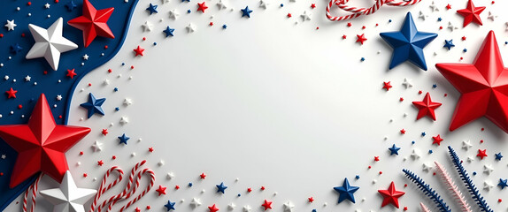 Fototapeta premium Innovative Memorial Day Decoration: Patriotic Symbols & Creative Embellishments in a Balanced Layout with Empty Space for Visual Impact
