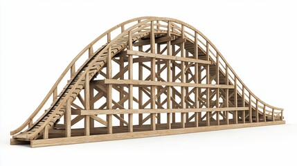 Wooden Roller Coaster Structure isolated on White Background, Extreme Ride
