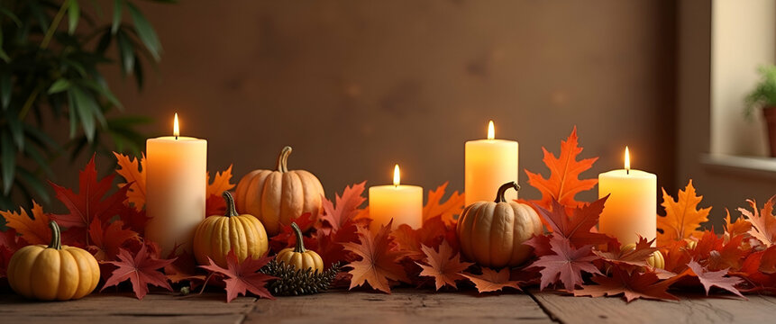 Photo realistic as Candles and fall foliage centerpiece on a table with copy space. concept as A table featuring candles and fall foliage centerpiece creating a warm Thanksgiving atmosphere with plent