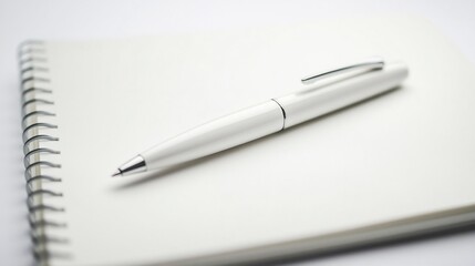 Elegant white pen resting on a spiral bound notebook, simple and bright