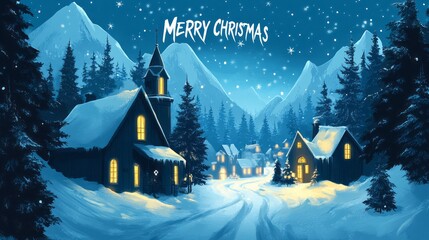 Fototapeta premium Winter village scene with mountains conveys the spirit of Christmas