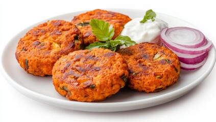 Crispy, golden-brown patties, served with a side of yogurt sauce and red onion slices.  A flavorful vegetarian dish, likely Indian or Middle Eastern in origin