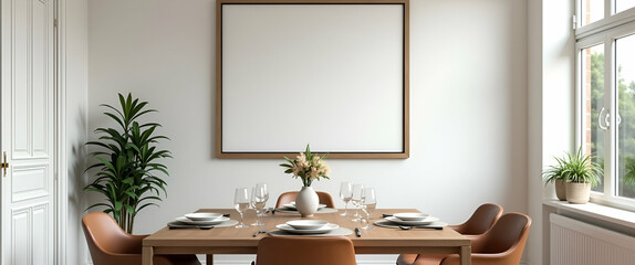 Elegant Home Dining Setup: Dining Table Arranged in Room with Picture Frame on Wall, Showcasing Stylish Decor and Empty Space for Personal Touches.