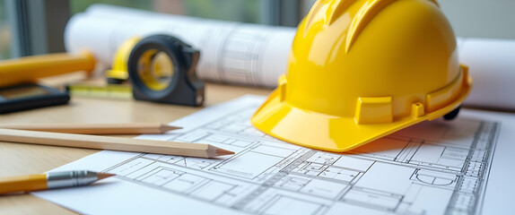 Fototapeta premium Vibrant Yellow Hard Safety Helmet with Architectural Blueprints and Tools on Construction Site Table - Planning and Building Process Concept