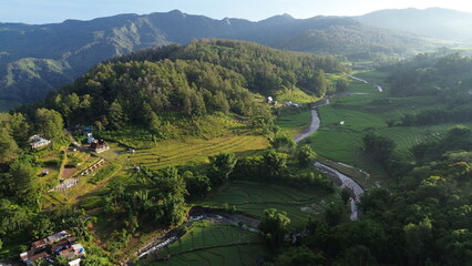 Aerial view of the countryside with vast rice fields at the Malino tourist attraction