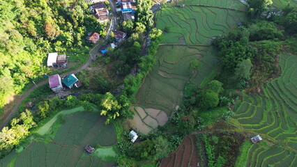 Aerial view of the countryside with vast rice fields at the Malino tourist attraction