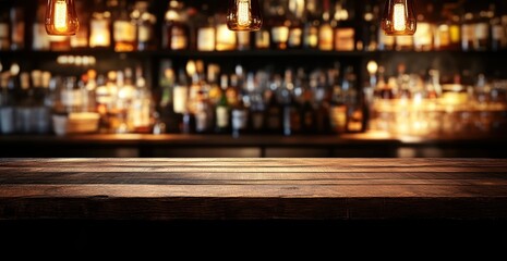 Rustic bar top, dimly lit,  liquor store backdrop