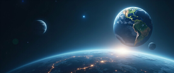 Obraz premium Wallpaper concept with minimalist style and extensive empty space illustrating interplanetary economy dynamics. The design fuses futuristic economic imagery with advanced space exploration elements co