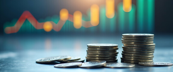 Stack of Silver Coins with Financial Chart: Visualizing Passive Income, Investment Growth, and Financial Freedom - Stock Photo Concept with Empty Space