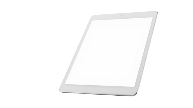 Tablet with blank white screen backdrop