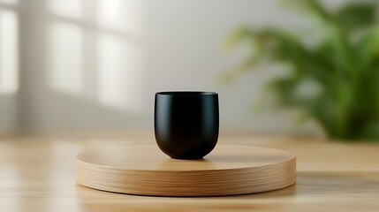A black cup stands on a wooden platform, soft lighting, serene scene, plant and window out of focus