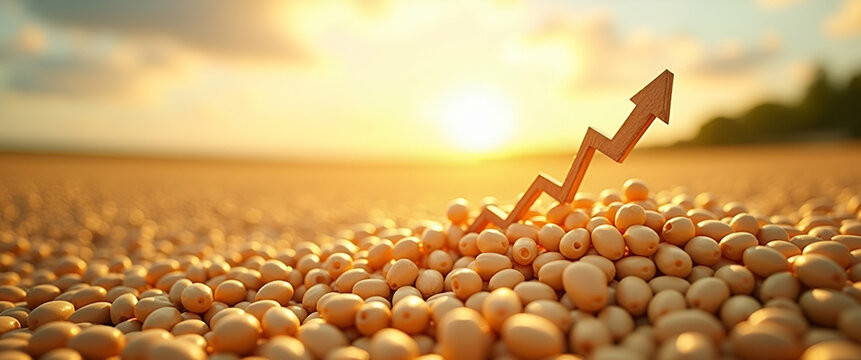 Photo realistic as Soybean Price Increase and Decrease concept as A view illustrating the increase and decrease of soybean prices set against a dreamy background offering ample space for text or graph
