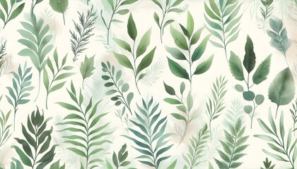 Elegant botanical wallpaper of hand-painted green leaves in watercolor with soft brush textures and calming pastel palette