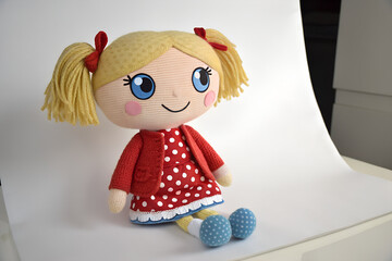 Blonde Pigtail Doll in Red Outfit – Handmade Plush Charm