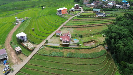 Aerial view of the countryside with vast rice fields at the Malino tourist attraction