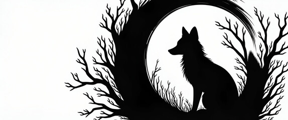 Obraz premium Elegant Black and White Silhouette of a Fox in a Circle - Cunning and Graceful Design for Photo Stock with Empty Space on the Left for Customization