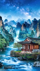Serene Asian Mountain River Landscape with Traditional House