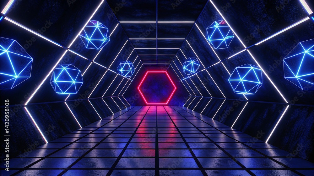 Poster 3d abstract technology glowing neon fast speed light background, empty space scene, reflection floor