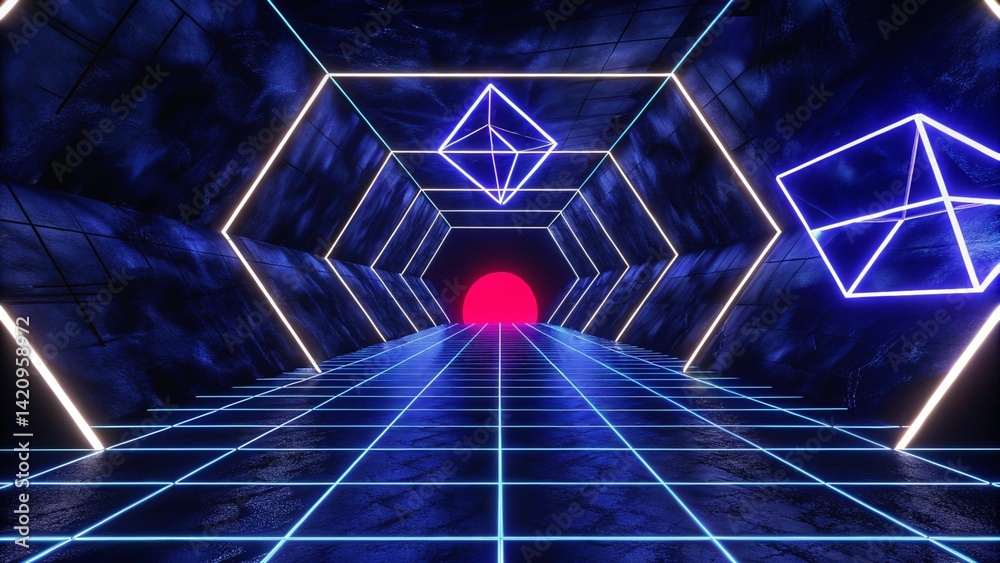 Aufkleber 3d abstract technology glowing neon fast speed light background, empty space scene, reflection floor
