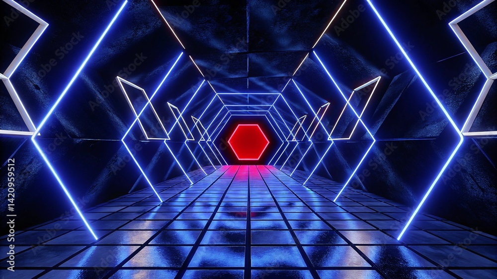 Aufkleber 3d abstract technology glowing neon fast speed light background, empty space scene, reflection floor