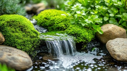 Tranquil Water Flow Over Green Mossy Rocks in Serene Garden Setting
