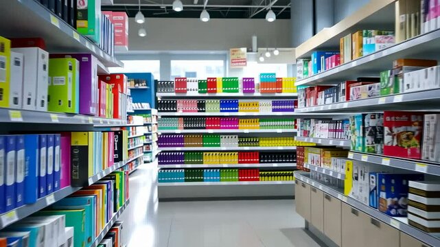 Colorful Stationery Store Aisle: A Vibrant Display of Books, Notebooks, and Office Supplies