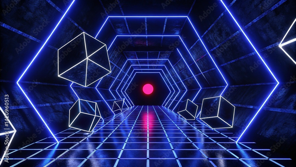 Poster 3d abstract technology glowing neon fast speed light background, empty space scene, reflection floor