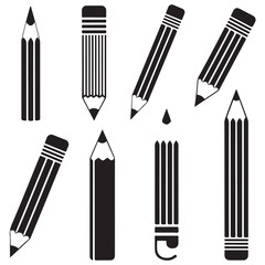 Pencil icon silhouette and line, outline, vector of black silhouette of pencil 