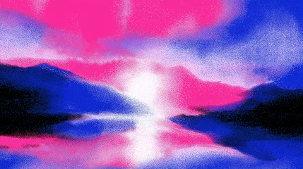 Gordijnen An abstract painting of a landscape featuring pink and blue hues with a bright light in the center © Pixel Wisp