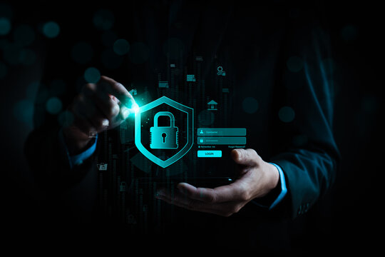 Cybersecurity and data protection concept with businessman securing online login. Digital shield with lock icon for privacy, authentication, secure access, and information security technology. - Powered by Adobe